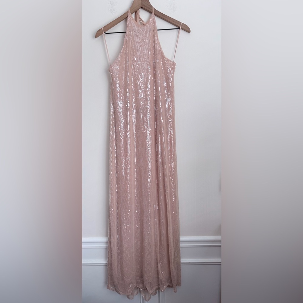 ZARA Maxi Sequin Halter Neck Dress Beige Pink mermaid fairy party prom glam XS
